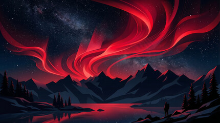 Fototapeta premium Red Aurora Borealis Glow Dark Mountain Silhouette Abstract Vector Art Night Sky Background Illustration