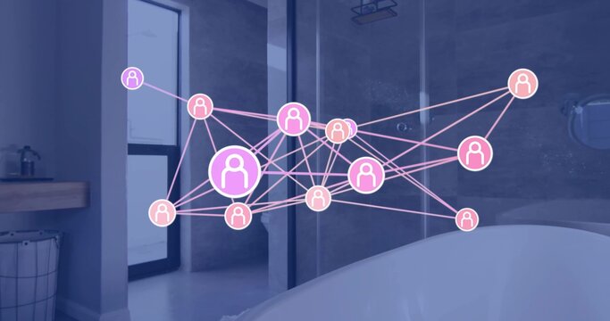 Floating user-node network overlay spanning home bathroom, showing freestanding bathtub and vanity