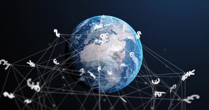 Floating Earth globe showing continents and clouds in space, with thin web linking currency symbols