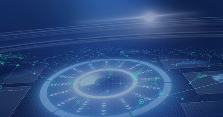 Data pulse activating central hologram circular interface rotating on dark blue grid, mapping nodes