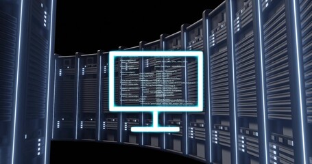 Floating neon monitor outline casting code across data center aisle, with server racks and LEDs © vectorfusionart