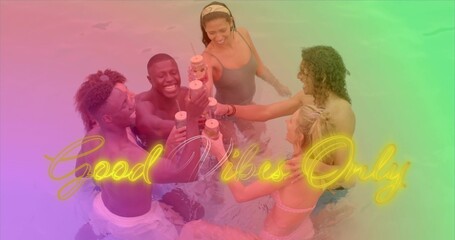 Clinking plastic cups, six adults leaning in waist-deep pool, in swimwear and neon Good Vibes Only © vectorfusionart