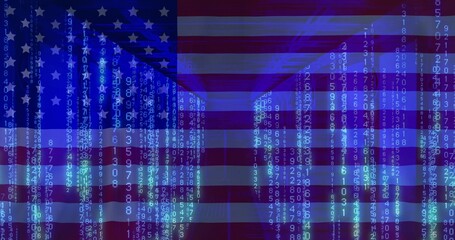 Displaying American flag with translucent stripes and blue canton stars streaming glowing code