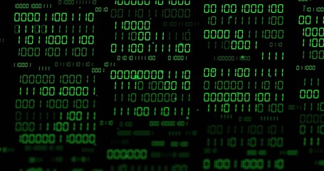 Displaying central cluster of green binary digits glowing on closeup LED panel, with pixel grid