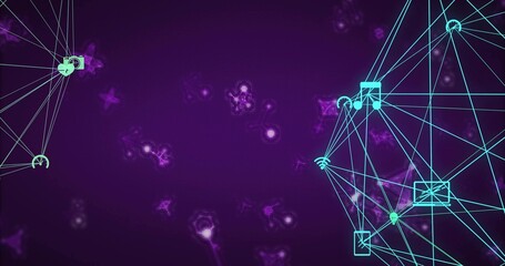 Fototapeta premium Pulsing cyan network mesh linking square round nodes and device icons on right, copy space