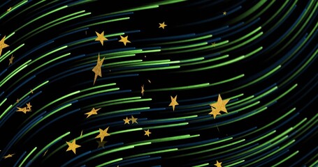 Naklejka premium Flowing centered ribbon of green and blue light trails sweeping across black field, with gold stars