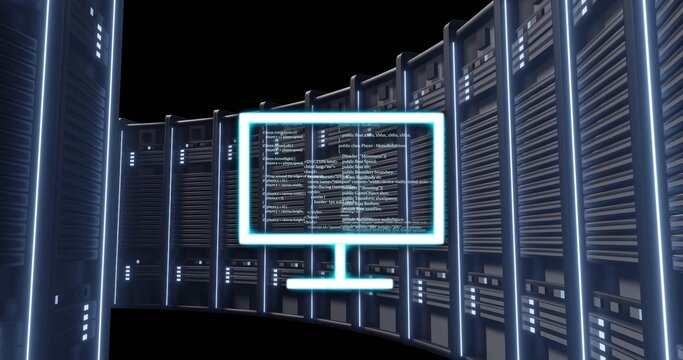 Floating neon monitor outline casting code across data center aisle, with server racks and LEDs