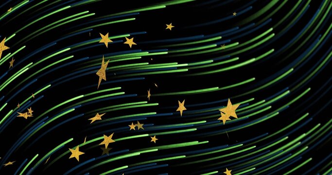 Flowing centered ribbon of green and blue light trails sweeping across black field, with gold stars