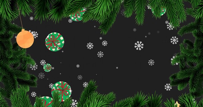 Holiday frame showing charcoal center framed by pine, ribboned ornaments orange bauble snowflakes
