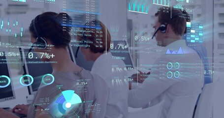 Monitoring four headset-clad staff in light shirts typing at monitors in office, financial overlays