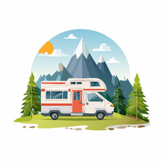 Obraz premium Furgoneta autocaravana blanca acampando en un paisaje montañoso con pinos y sol brillante.