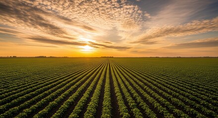 Obraz premium Vibrant green agricultural field at stunning sunrise with dramatic clouds