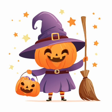 Adorable calabaza de Halloween con sombrero de bruja, escoba y cesta de dulces sobre fondo blanco.