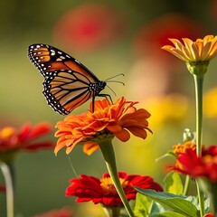 Obraz premium Monarch butterfly sipping nectar from vibrant orange flowers in a sunny garden