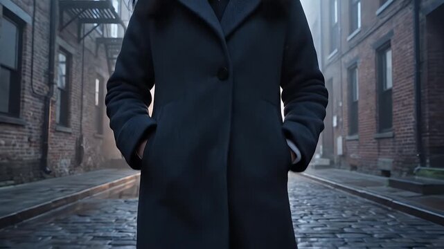 Point Of View Walking Through Dark Cobblestone Alleyway At Dawn With Atmospheric Fog And Buildings Revealing A Woman In A Dark Coat