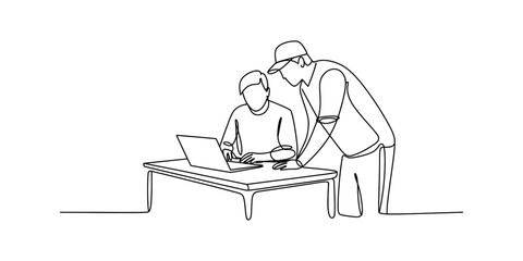 Continuous line drawing of two colleagues collaborating on a project using a laptop at a desk. Vector, illustration