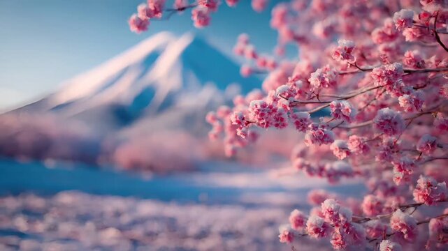 Spring snow ice thaw, end of Winter Season, hope, fresh start. A breathtaking view of cherry blossoms in full bloom against a majestic mountain backdrop.