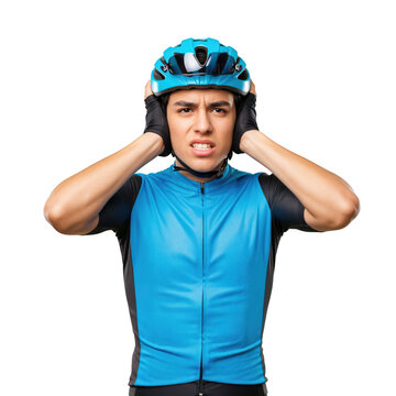 Young Hispanic Male Cyclist Covering Ears in Pain from Tinnitus or Noise Sensitivity