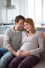 Fototapeta premium Lovely couple romantic moment. A man and woman seated on a couch in a kitchen. The woman, visibly pregnant, has her hands resting on the mans belly. The background is slightly blurred.