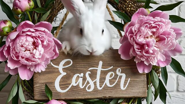 Vibrant Easter Floral Display Framing a Rustic Wooden Sign with Pink Peonies and Greenery Against a White Brick Background