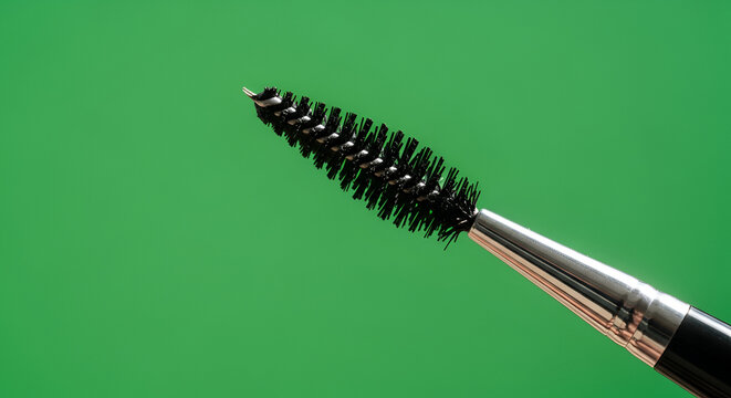 Close up macro shot of a black mascara wand applicator with dense bristles and metal ferrule against a vibrant solid green background with soft