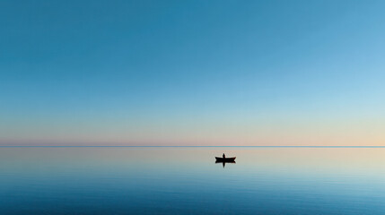 Naklejka premium Serene Rowing on the Horizon: A solitary silhouette navigates calm waters in a small rowboat, the vast expanse of the sky mirrored on the tranquil surface.