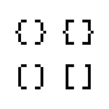 Braces icons, Pixel brackets icons set, 8-bit round and square code bracket symbols, retro blocky programming syntax icons