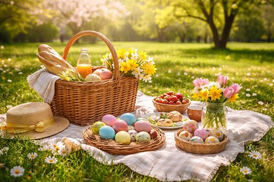 Picnic in sunny spring meadow with colorful easter eggs and flowers. concept of easter celebration, outdoor leisure, spring picnic