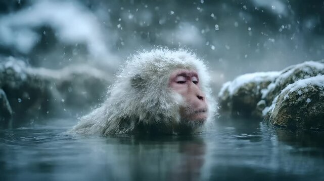 Geothermal hot springs resort, spa, bath pool, winter relaxation vacation theme. A Japanese macaque in a hot spring, its white and gray fur contrasting against the cool blue water.