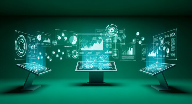 Futuristic control room displaying glowing holographic data visualizations and charts with advanced technology and analytical interface in a dark