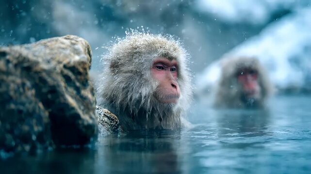 Geothermal hot springs resort, spa, bath pool, winter relaxation vacation theme. A Japanese macaque in a hot spring, surrounded by a blurred background. The macaque is in the water.