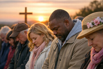 Diverse group of people in outdoor prayer at sunrise with cross in background. concept of faith, spiritual unity, community gathering
