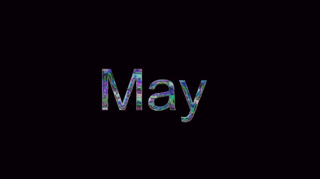 The word May displayed in a vibrant liquid ripple texture with green and magenta glitch effects on a black background. This title footage is perfect for monthly calendar intros and event promos.