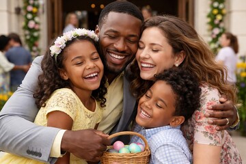 Obraz premium Happy family with african american father and caucasian mother embracing children with easter egg basket outdoors. concept of family bonding, easter celebration, joyful moments