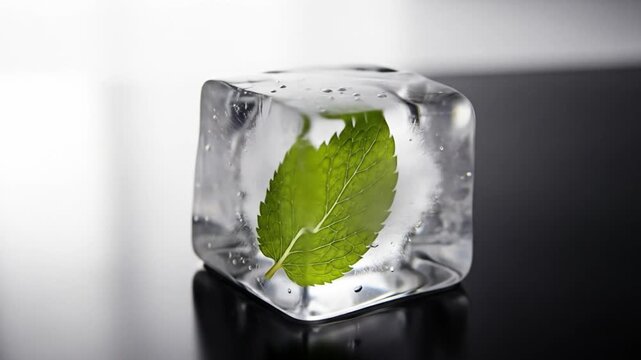 A translucent ice cube encases a green leaf reflecting light on a glossy black surface