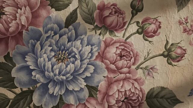 Elegant Vintage Seamless Floral Pattern Background Featuring Delicate Pink Roses and Blue Wildflowers in a Retro Botanical Illustration Style for Textile Design Backdrop