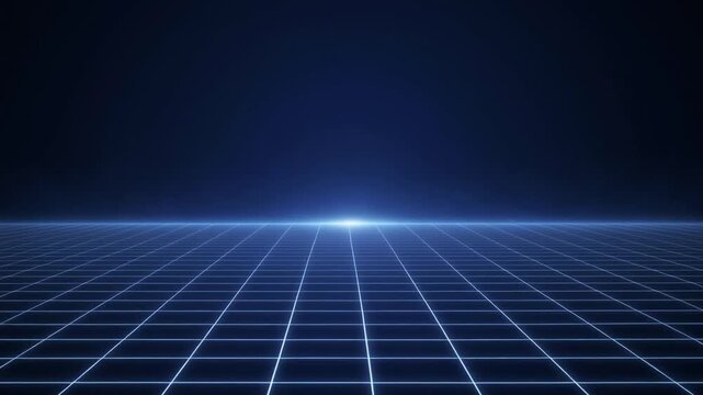 Futuristic neon grid background with glowing blue light