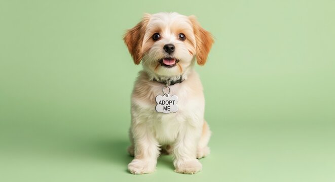 Cute small dog with adopt me tag sitting on green background for pet adoption day. concept of animal rescue, shelter pets, cute animals