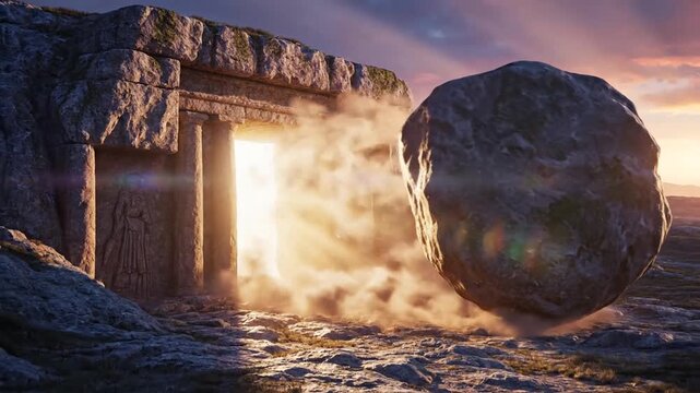 Ancient stone rolling away from holy sepulcher entrance revealing divine morning sun rays of resurrection miracle biblical easter dawn light empty tomb spiritual salvation hope christianity