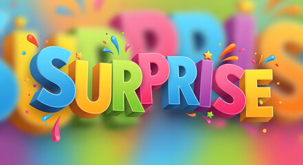 Colorful and playful three dimensional text spelling out the word surprise with fun decorations