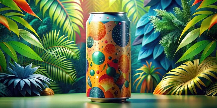 Vibrant Tropical Beverage Can Design Amidst Lush Foliage and Exotic Plants