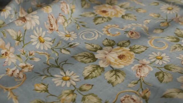 Seamless vintage floral pattern featuring delicate hand-drawn blossoms and botanical leaves on a soft pastel light blue textile texture, ideal for elegant fashion design and backdrop.