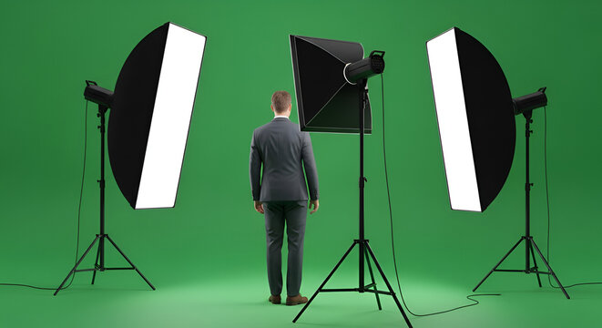 Man in a dark gray suit standing on a green screen chroma key background with professional studio lighting setup including two large softbox lights