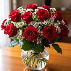 Obraz premium A bouquet of red roses in a clear glass vase on a wooden table