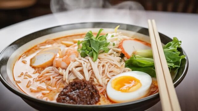 Closeup of a steaming bowl of noodle soup garnished with shrimp boiled egg greens and fish cakes with chopsticks resting on the rim
