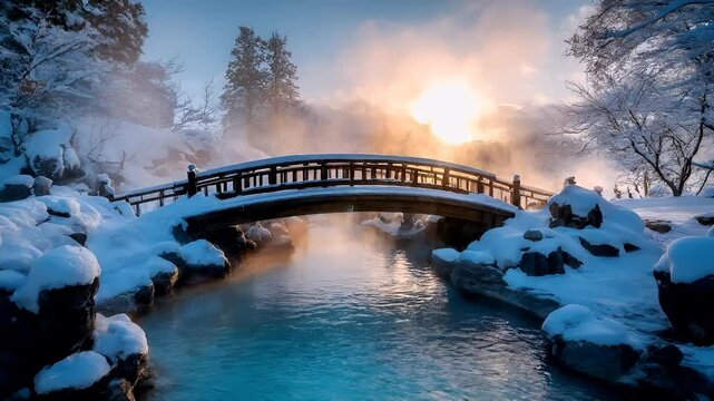 Geothermal hot springs resort, spa, bath pool, winter relaxation vacation theme. A bridge spanning a snowcovered river at sunset, with the sun casting a warm, golden light over the scene.