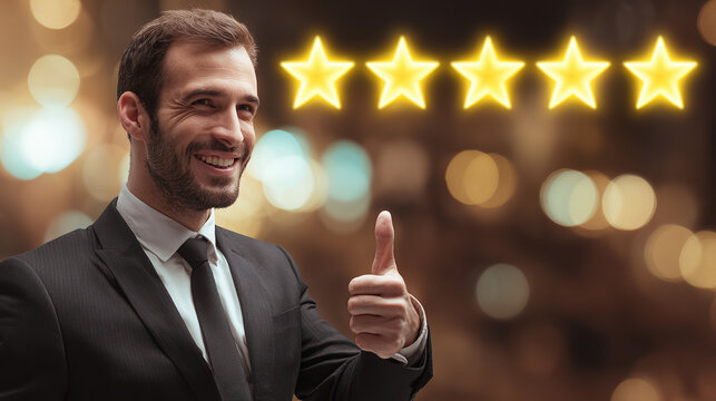 Client Rating Perfection: A smiling person in business attire gives a thumbs-up gesture, symbolizing utmost satisfaction with the perfect rating of five glowing stars.
