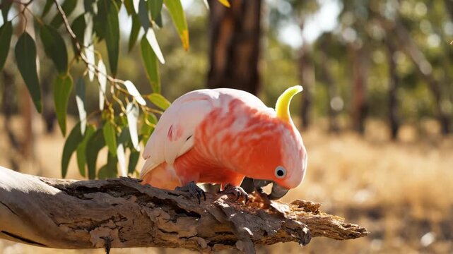 Stunning Pink Major Mitchells Cockatoo Perching on a Branch Showcasing Vibrant Plumage and Crest in Bright Australian Sunlight, Wild Bird Pecking at Tree Wood.