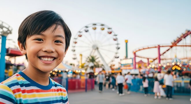 Smiling asian boy at amusement park with ferris wheel and roller coaster in the background, concept of joyful childhood, fun day out, family entertainment, copy space