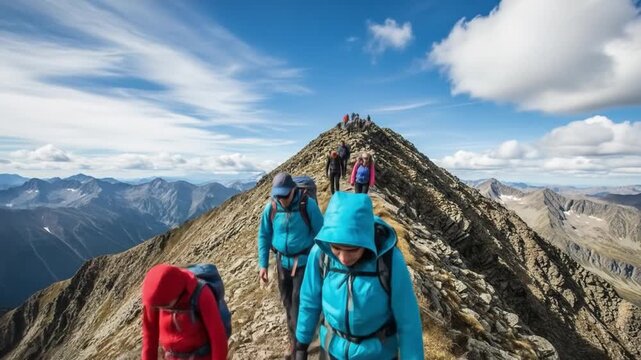 Hikers traverse a rocky narrow mountain ridge under a sky with scattered clouds